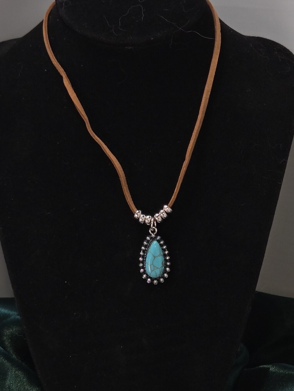 Turquoise Teardrop Pendant Necklace Boho Layered Suede Cord Jewelry Desert Chic - Picture 3 of 5